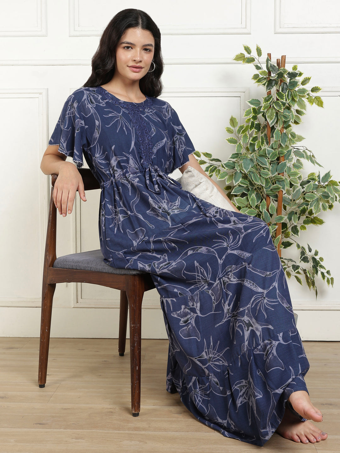 Floral Indigo Alpine Frock Style Nighty for Women with Pocket
