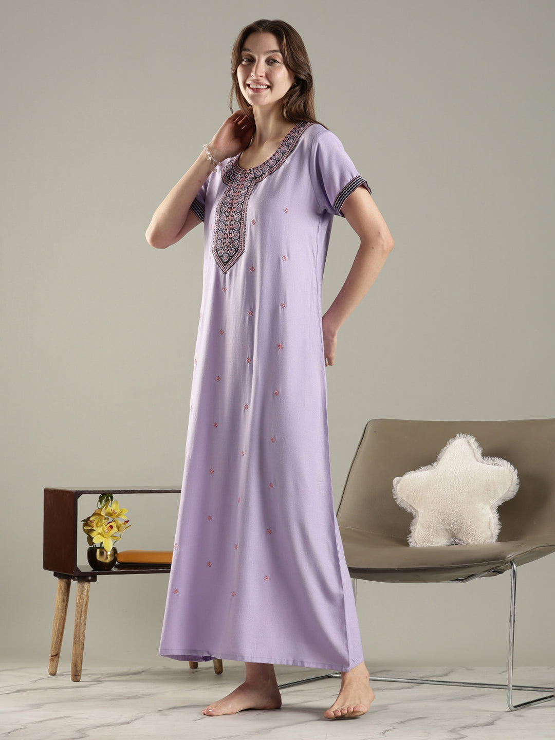Raatrani A Line Embroidered Nighty for Women Soft Everyday Comfort