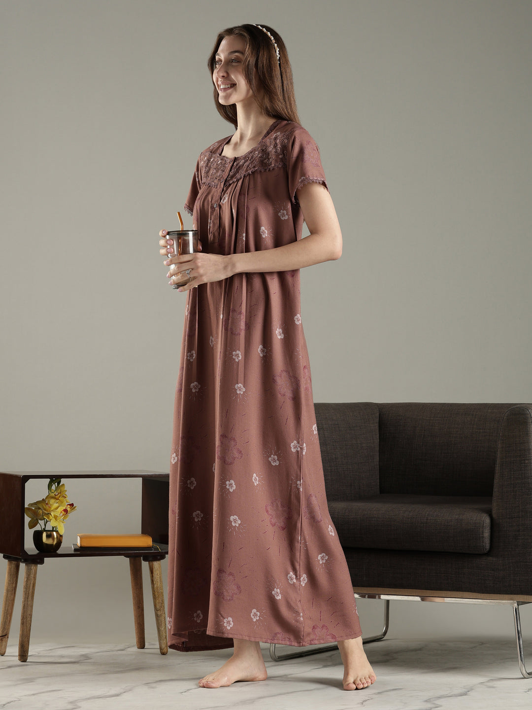 Floral Alpine Pleated Nighty for Women with Soft Lace Neck