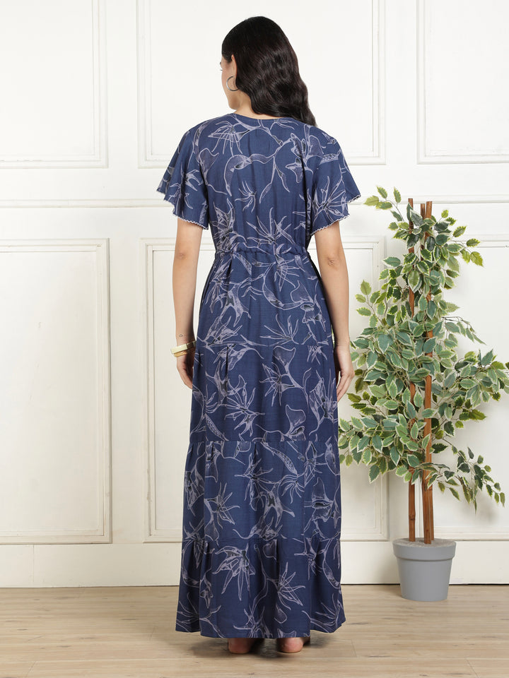 Floral Indigo Alpine Frock Style Nighty for Women with Pocket