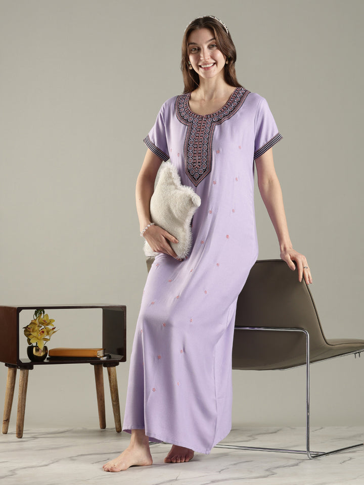 Raatrani A Line Embroidered Nighty for Women Soft Everyday Comfort
