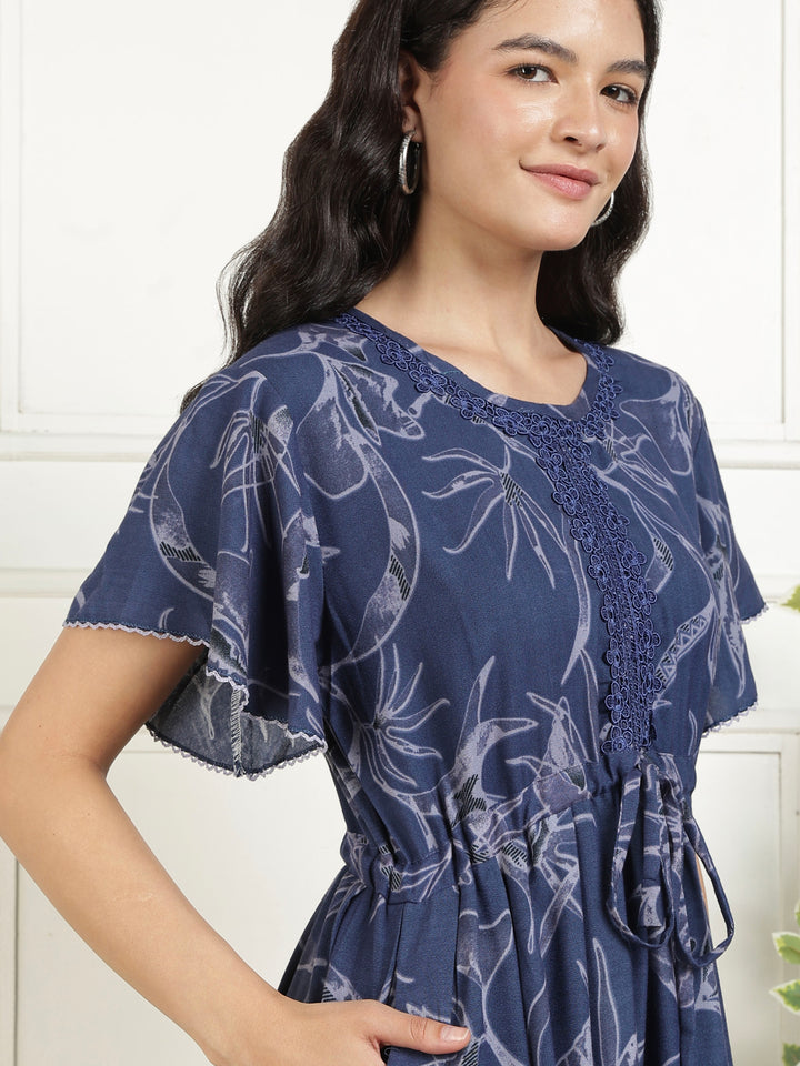 Floral Indigo Alpine Frock Style Nighty for Women with Pocket