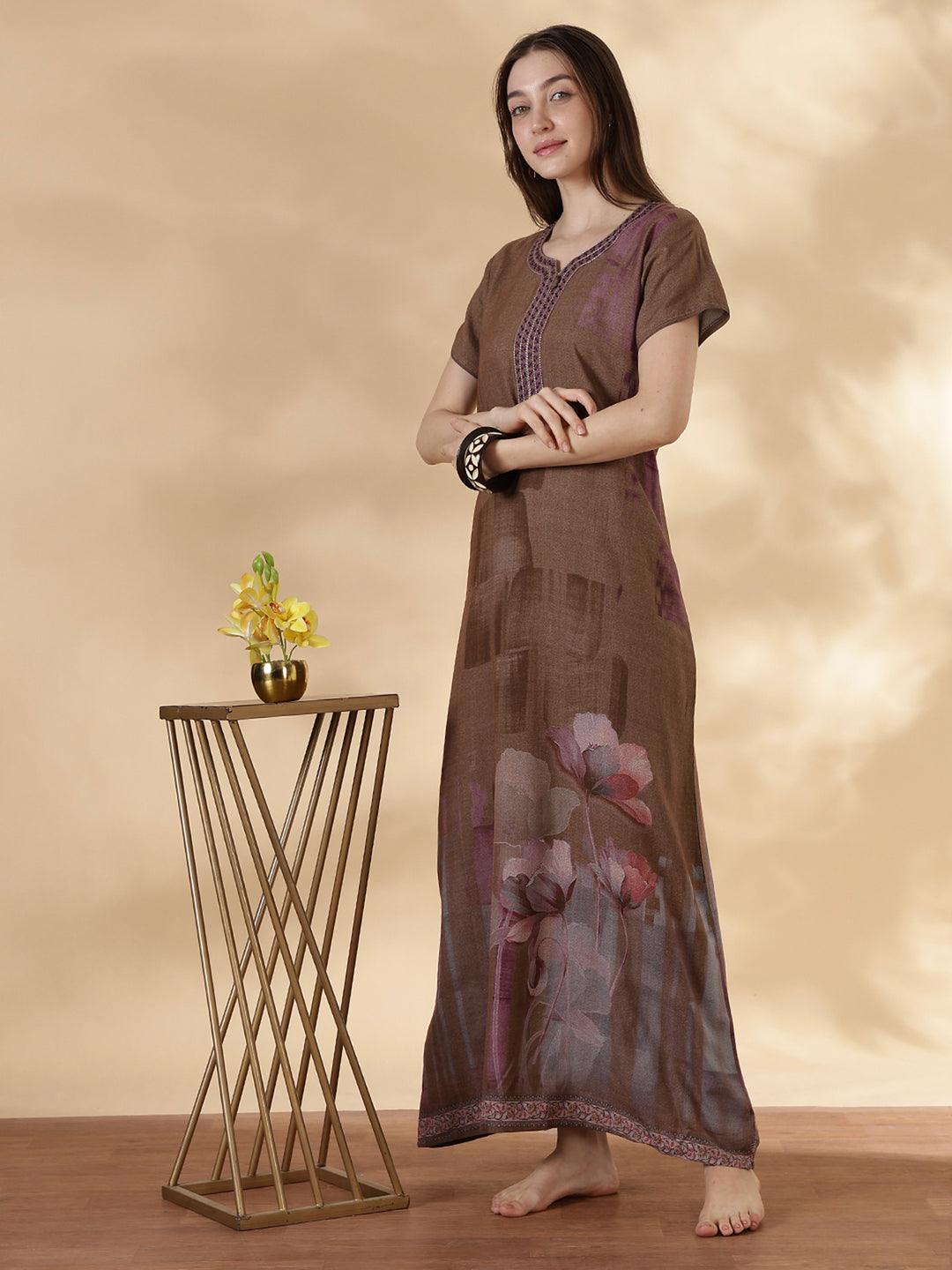Alpine A Line Nighty for Women Floral Print Mocha