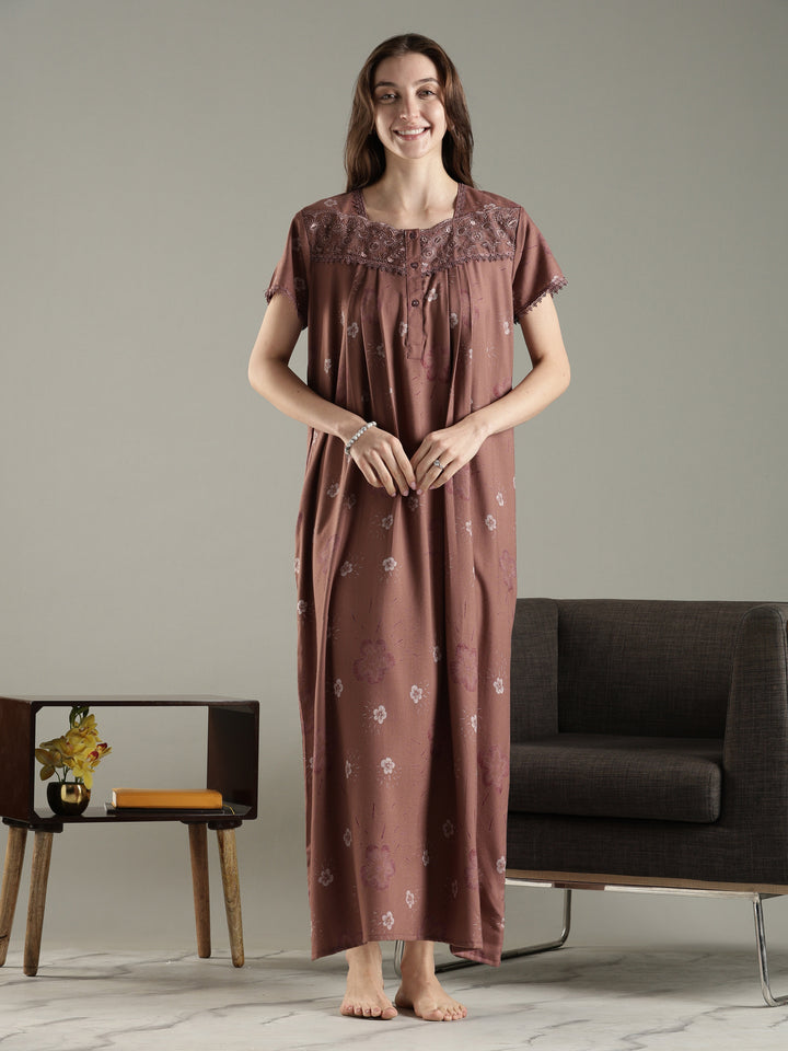 Floral Alpine Pleated Nighty for Women with Soft Lace Neck