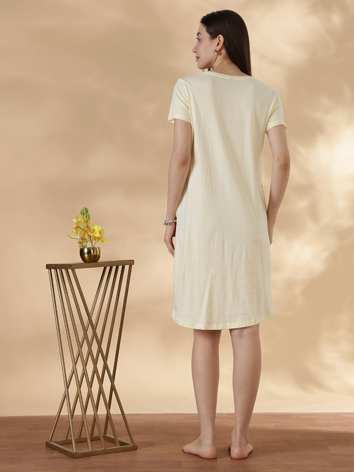 Cream Graphic Cotton Short Nighty for Women Knee Length Plus Size