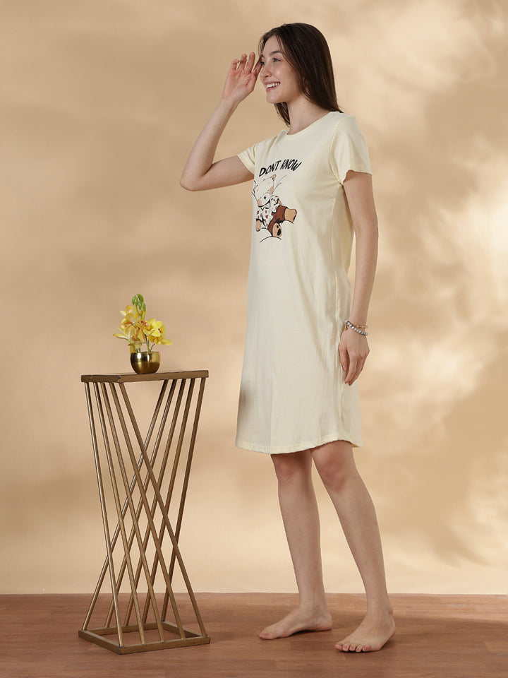 Cream Graphic Cotton Short Nighty for Women Knee Length Plus Size