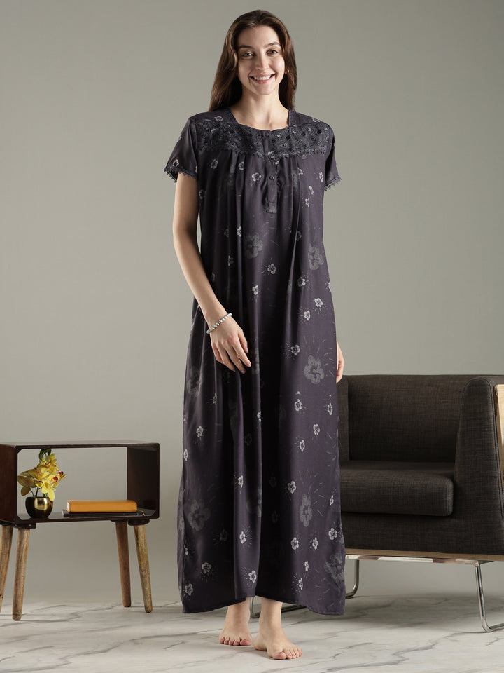 Alpine Pleated Floral Nighty for Women with Lace Detailing