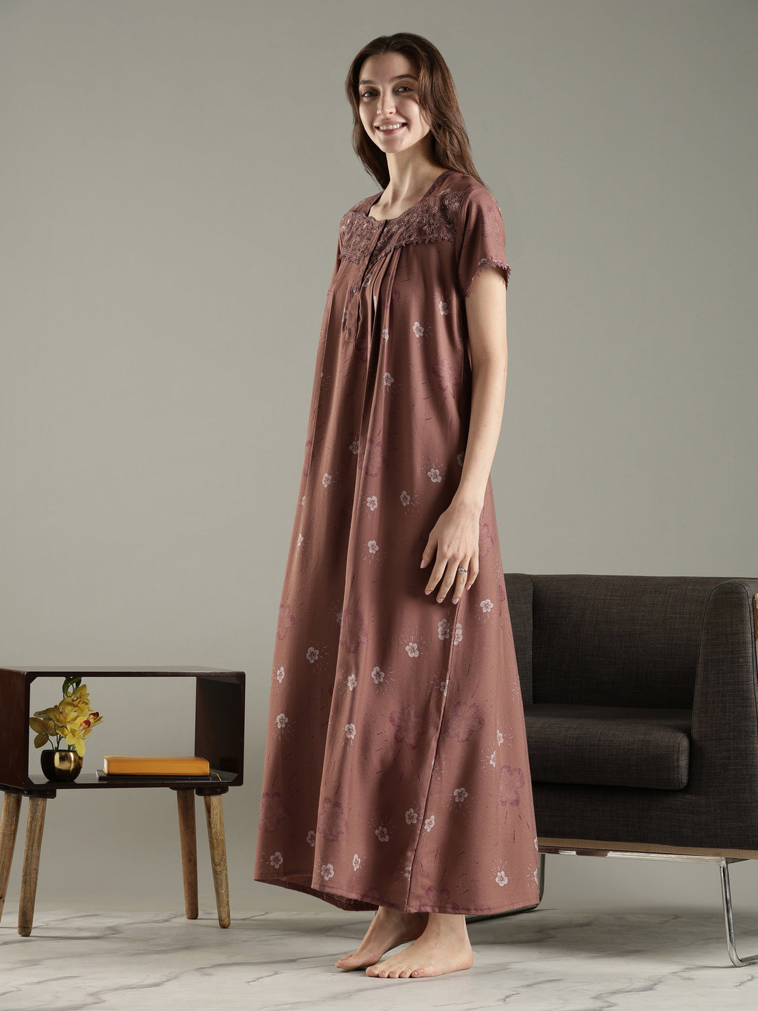 Floral Alpine Pleated Nighty for Women with Soft Lace Neck