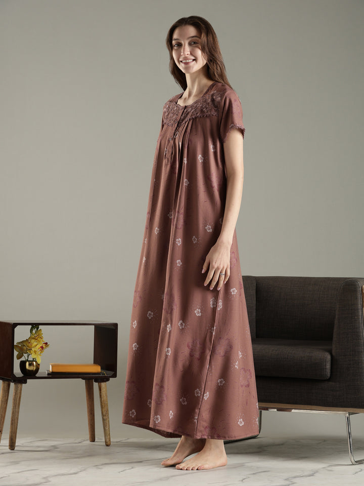 Floral Alpine Pleated Nighty for Women with Soft Lace Neck