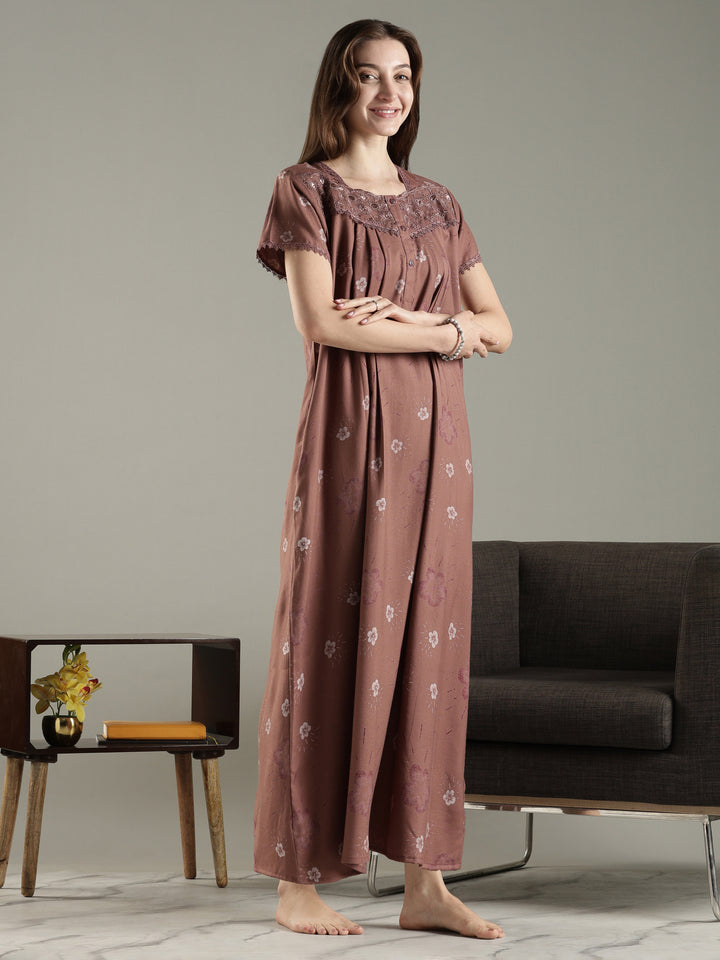 Floral Alpine Pleated Nighty for Women with Soft Lace Neck