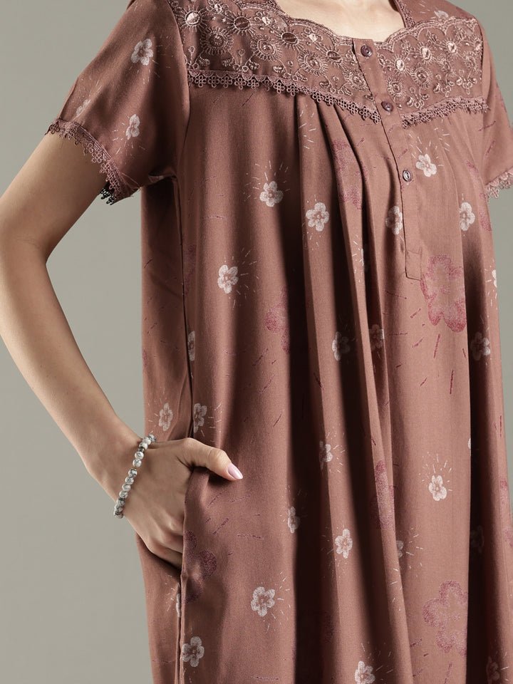 Floral Alpine Pleated Nighty for Women with Soft Lace Neck