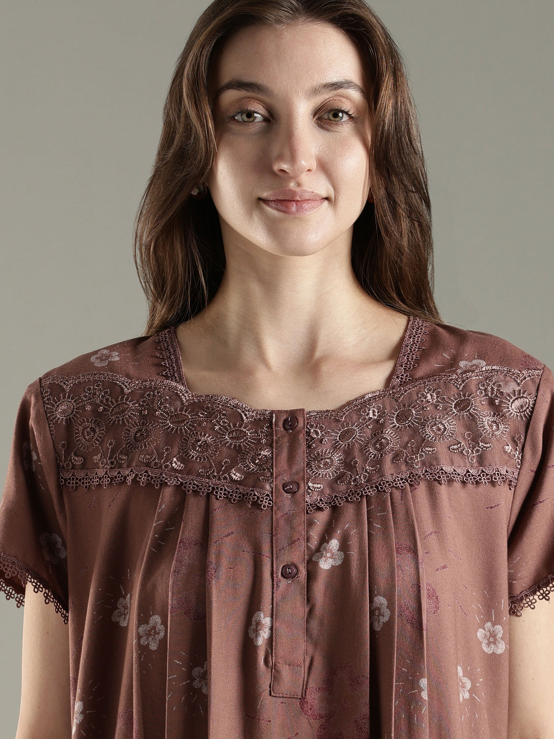 Floral Alpine Pleated Nighty for Women with Soft Lace Neck