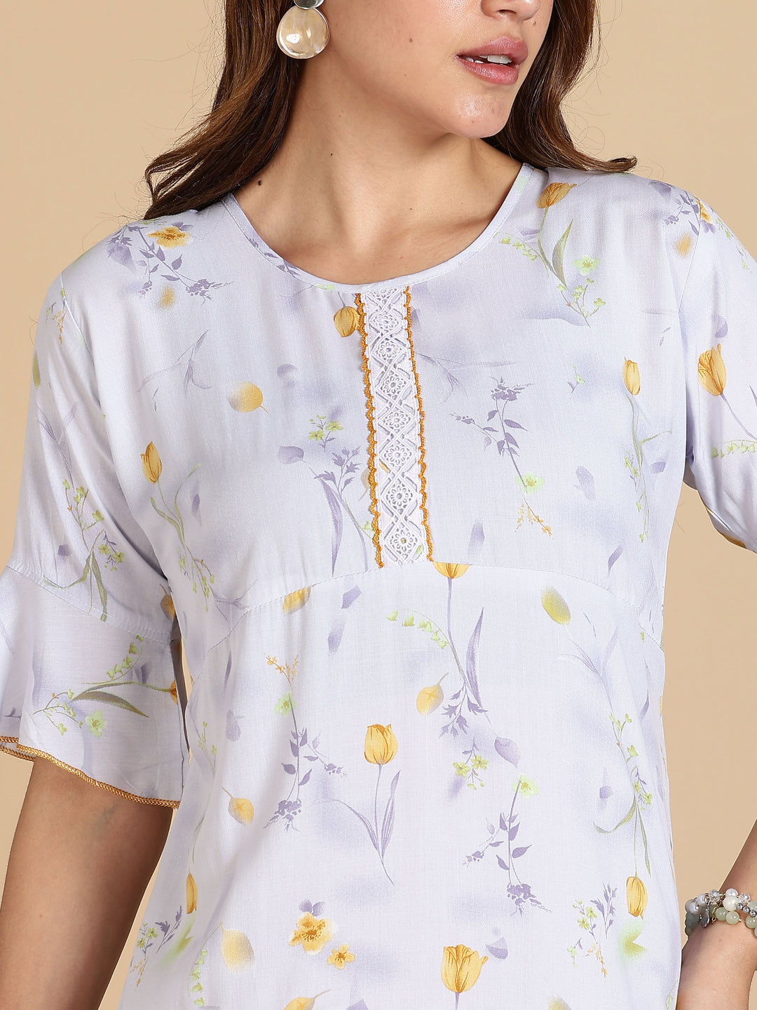 White Rayon Nightdress with Floral Prints and 3/4 Sleeves