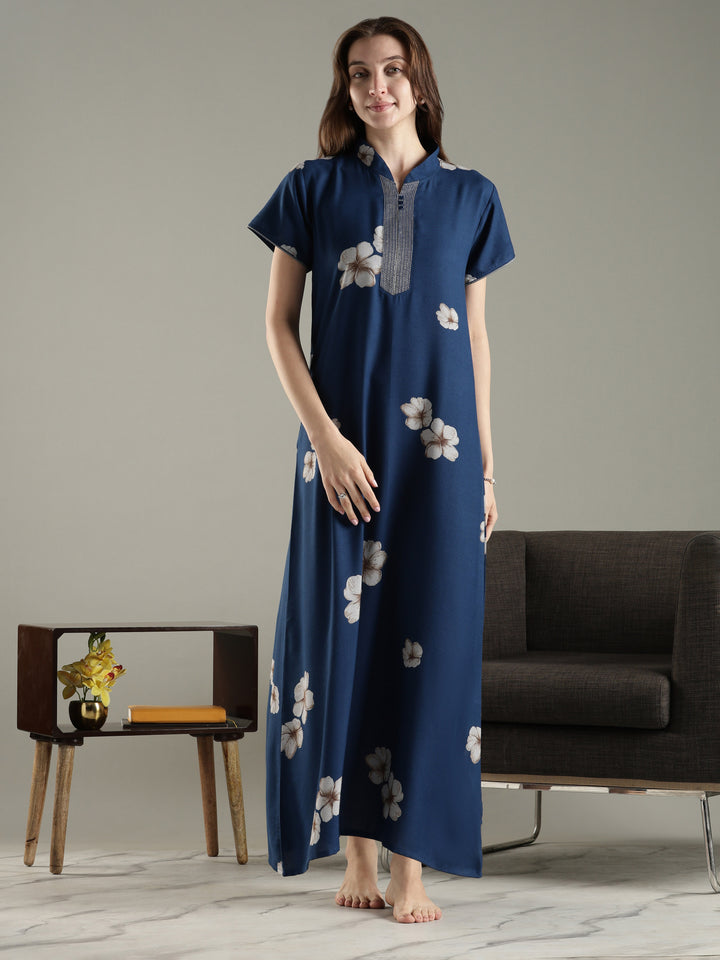 Alpine Floral A Line Nighty for Women with Pocket in Twilight Azure