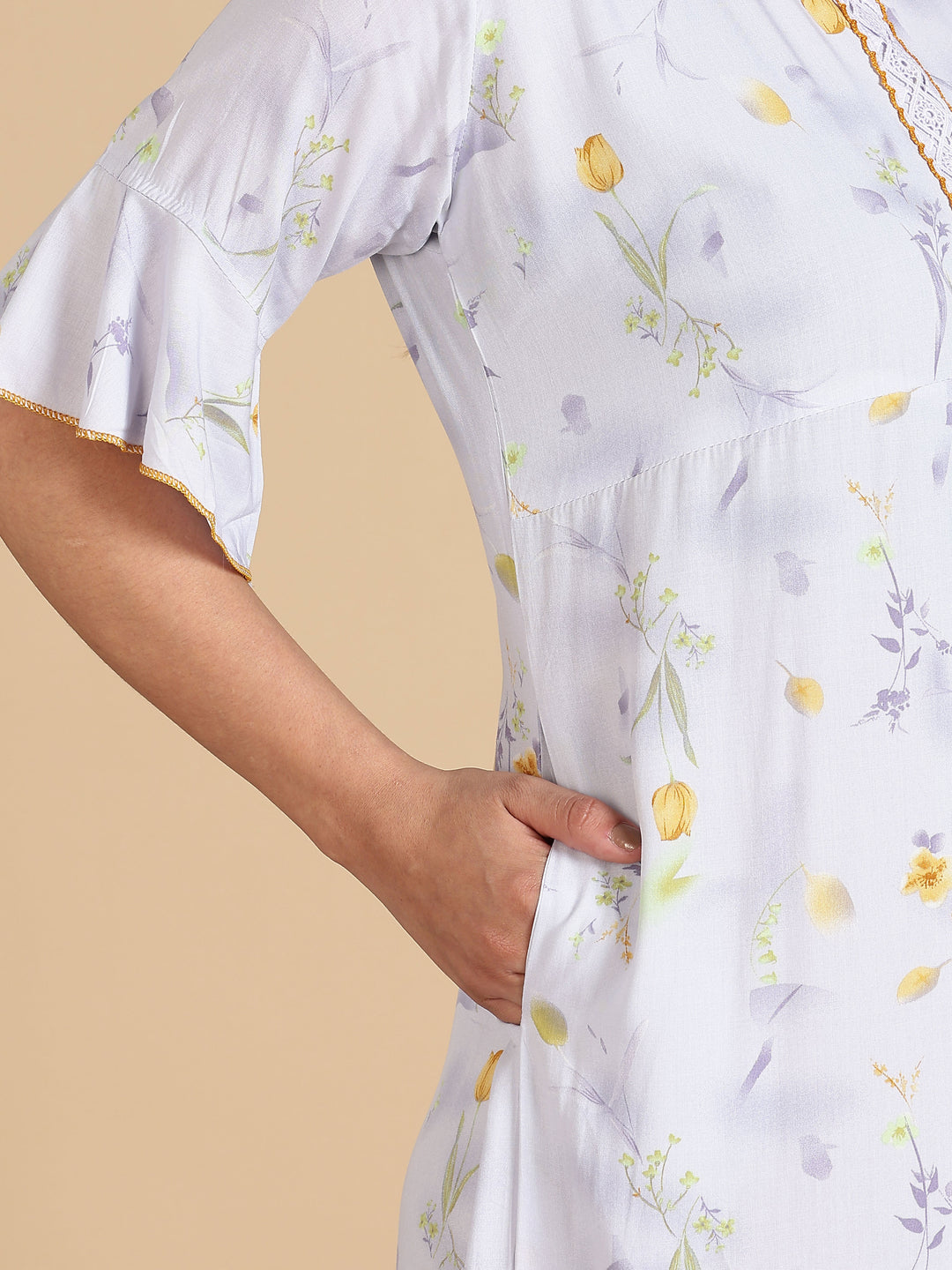 White Rayon Nightdress with Floral Prints and 3/4 Sleeves