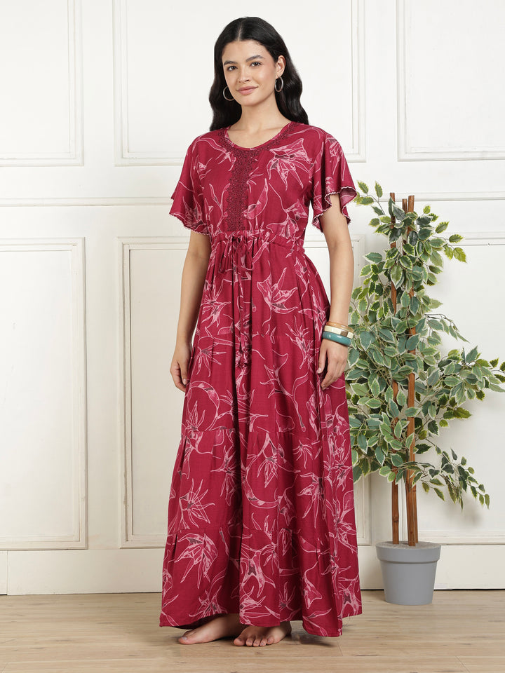 Alpine Floral Print Frock Style Nighty for Women with Pocket