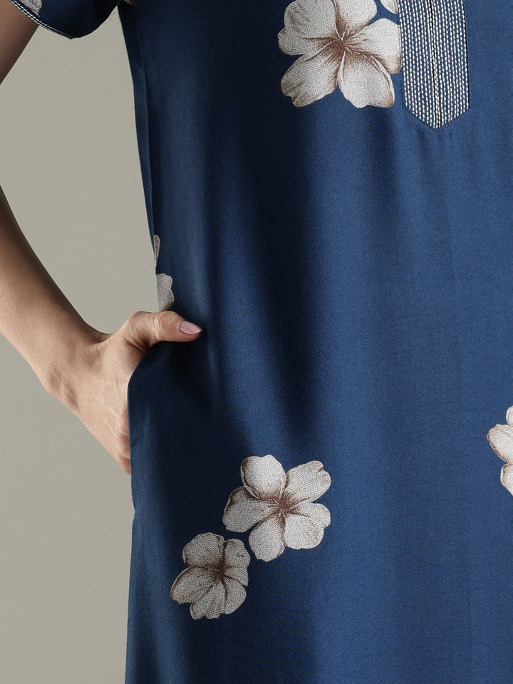 Alpine Floral A Line Nighty for Women with Pocket in Twilight Azure