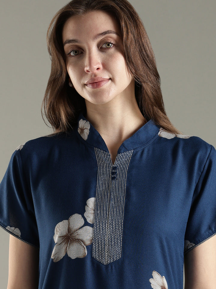 Alpine Floral A Line Nighty for Women with Pocket in Twilight Azure