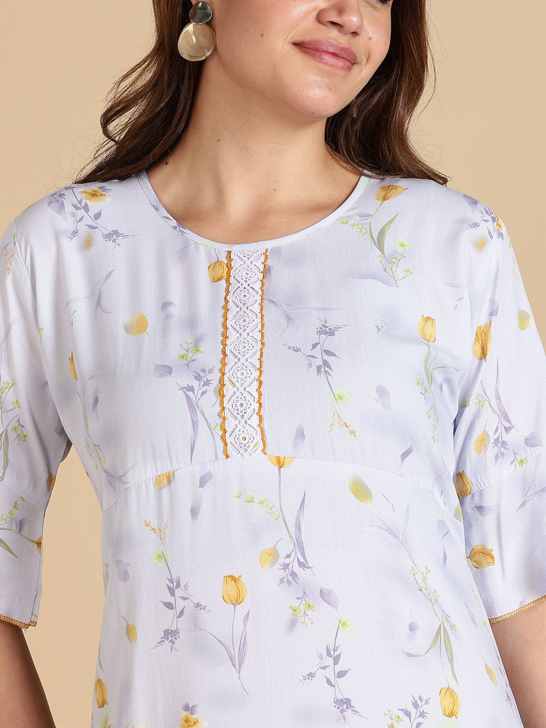 White Rayon Nightdress with Floral Prints and 3/4 Sleeves