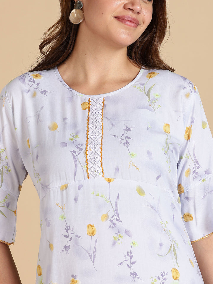 White Rayon Nightdress with Floral Prints and 3/4 Sleeves