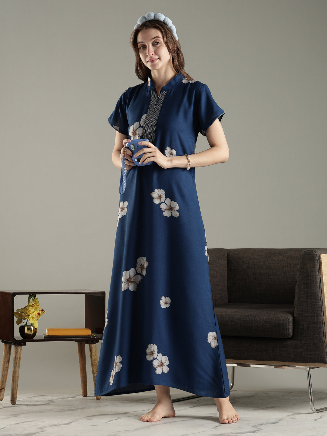 Alpine Floral A Line Nighty for Women with Pocket in Twilight Azure