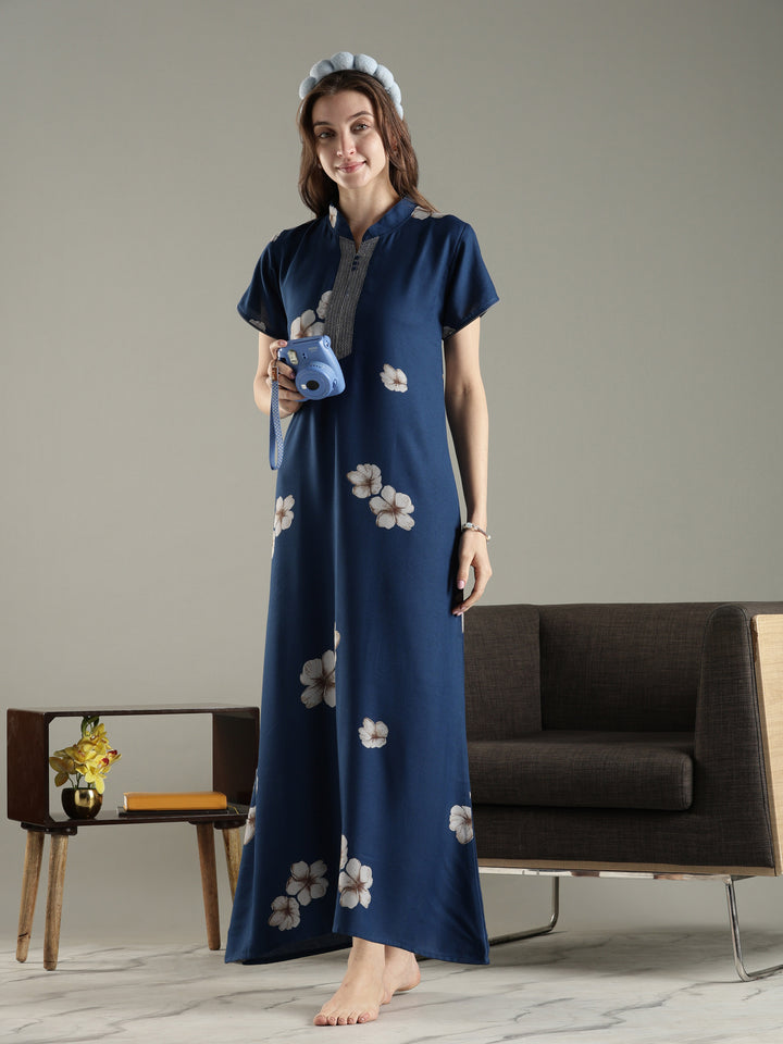 Alpine Floral A Line Nighty for Women with Pocket in Twilight Azure
