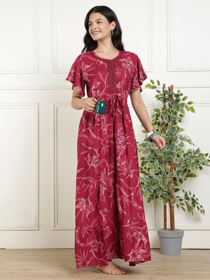 Alpine Floral Print Frock Style Nighty for Women with Pocket