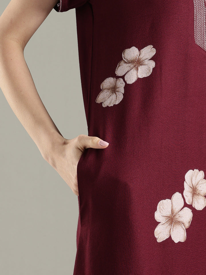 Alpine Floral A Line Nighty for Women with Pocket in Twilight Garnet