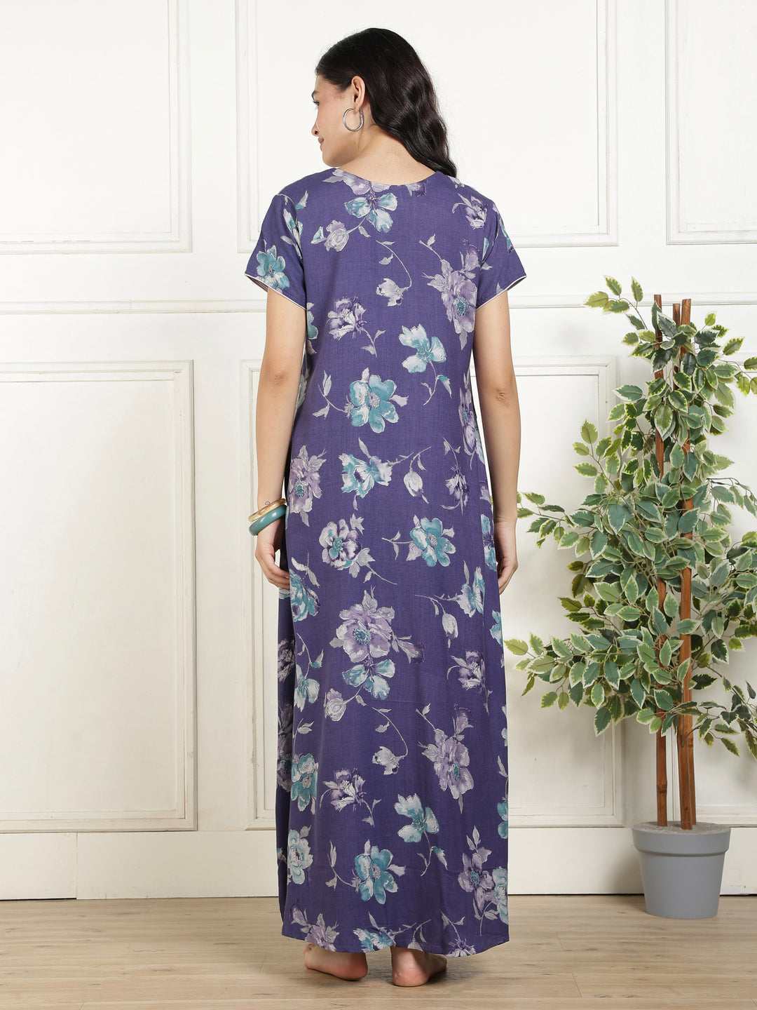 Classic Indigo Floral Print Alpine Nighty for Women Relaxed A Line Fit