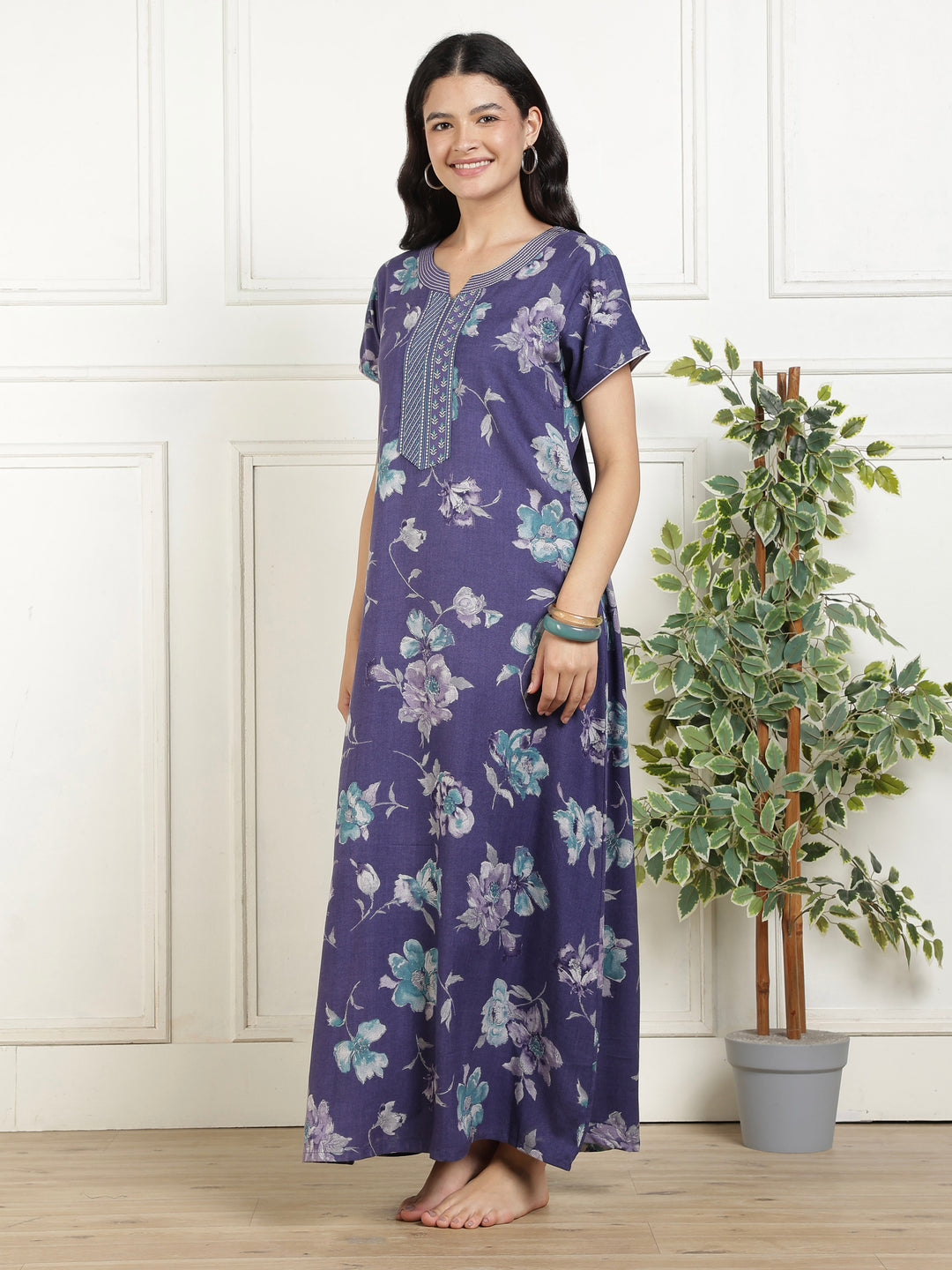 Classic Indigo Floral Print Alpine Nighty for Women Relaxed A Line Fit