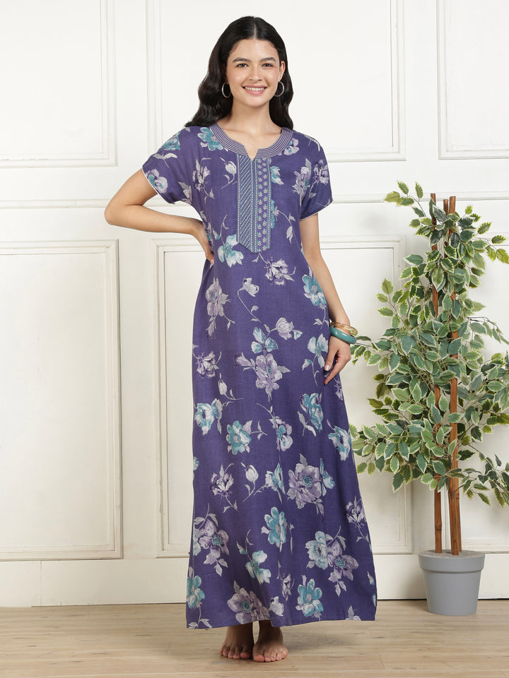 Classic Indigo Floral Print Alpine Nighty for Women Relaxed A Line Fit