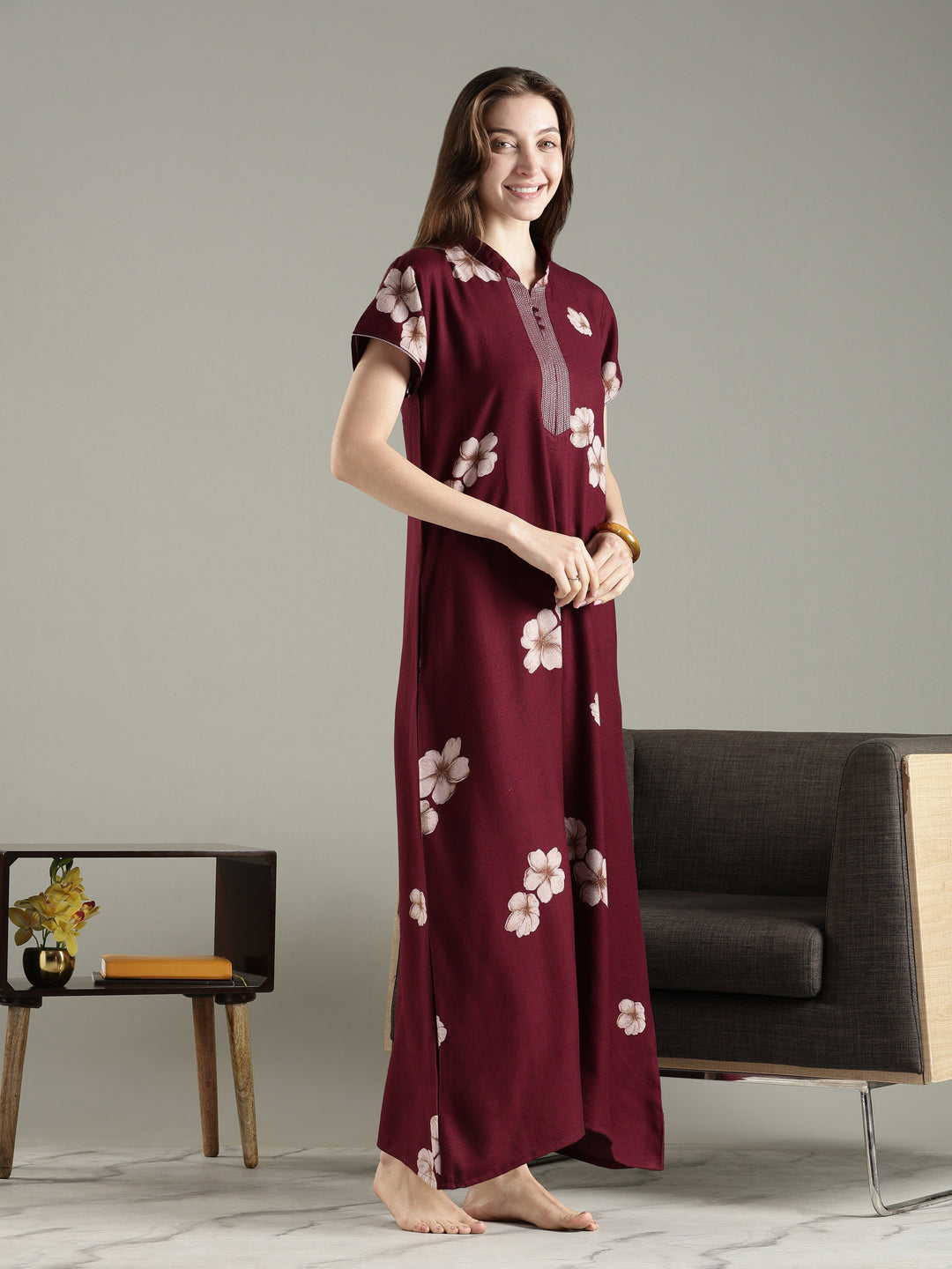 Alpine Floral A Line Nighty for Women with Pocket in Twilight Garnet