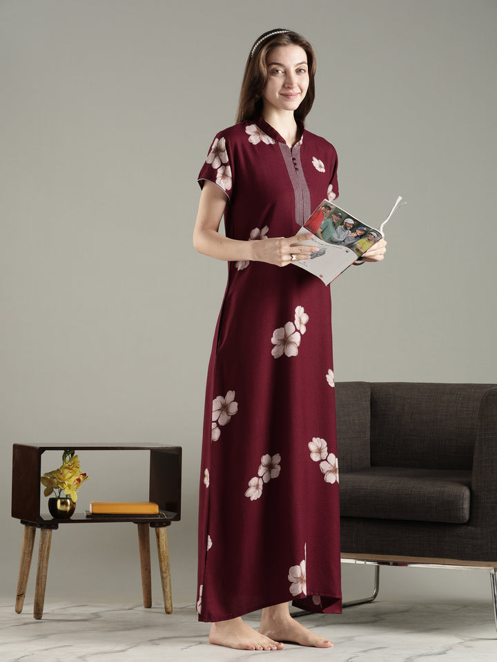 Alpine Floral A Line Nighty for Women with Pocket in Twilight Garnet