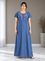 Soft Denim Sky Blue Nighty with Pink Floral Embroidery Maxi Length