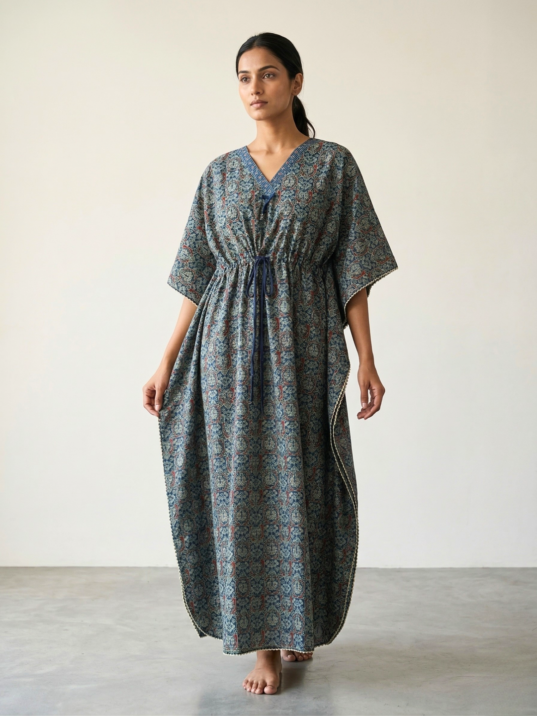 Ajrakh Indigo Pure Cotton Kaftan Dress for Women Comfortable Fit