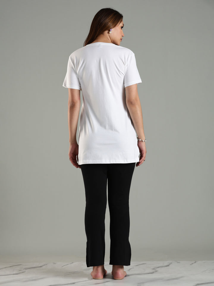 White Hip Covering Cotton T-Shirt for Women Lounge Wear
