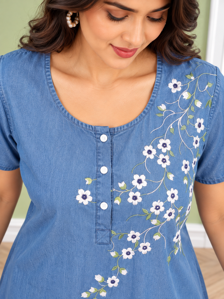 Sky Blue Cotton Nighty with Elegant Floral Embroidery | A-Line Design