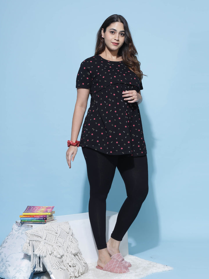  Maternity Top  Hosiery Cotton Maternity Feeding Top | Black Short Nighty- 9shines label 