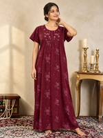 Wine Maroon Floral Embroidered Nighty for Women