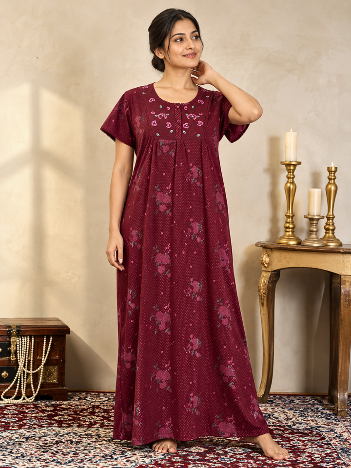 Wine Maroon Floral Embroidered Nighty for Women