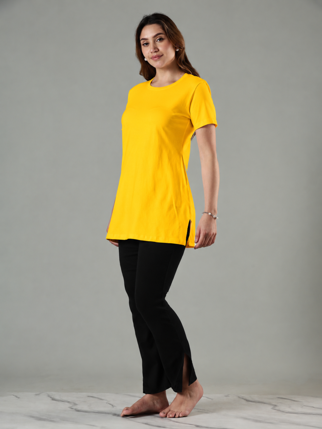 Fire Yellow Long T Shirt Nighty in Hosiery Cotton Comfort Fit