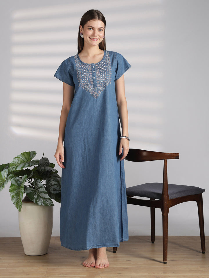 Chic Denim Feel Nighty with Boho Floral Embroidery