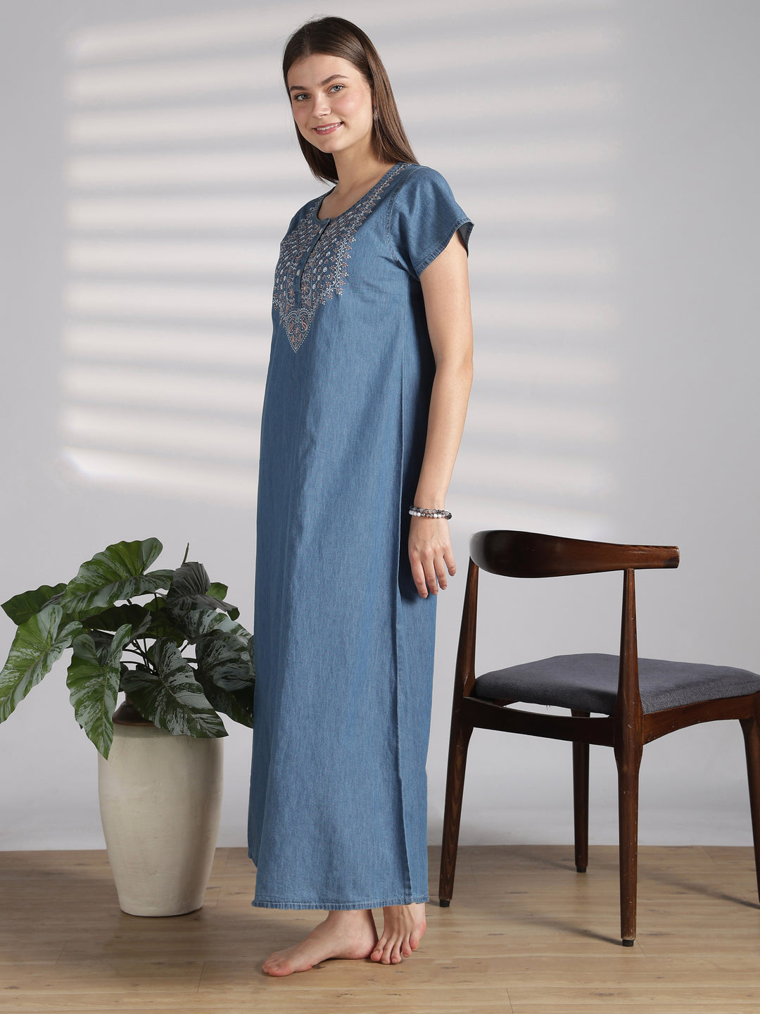 Chic Denim Feel Nighty with Boho Floral Embroidery