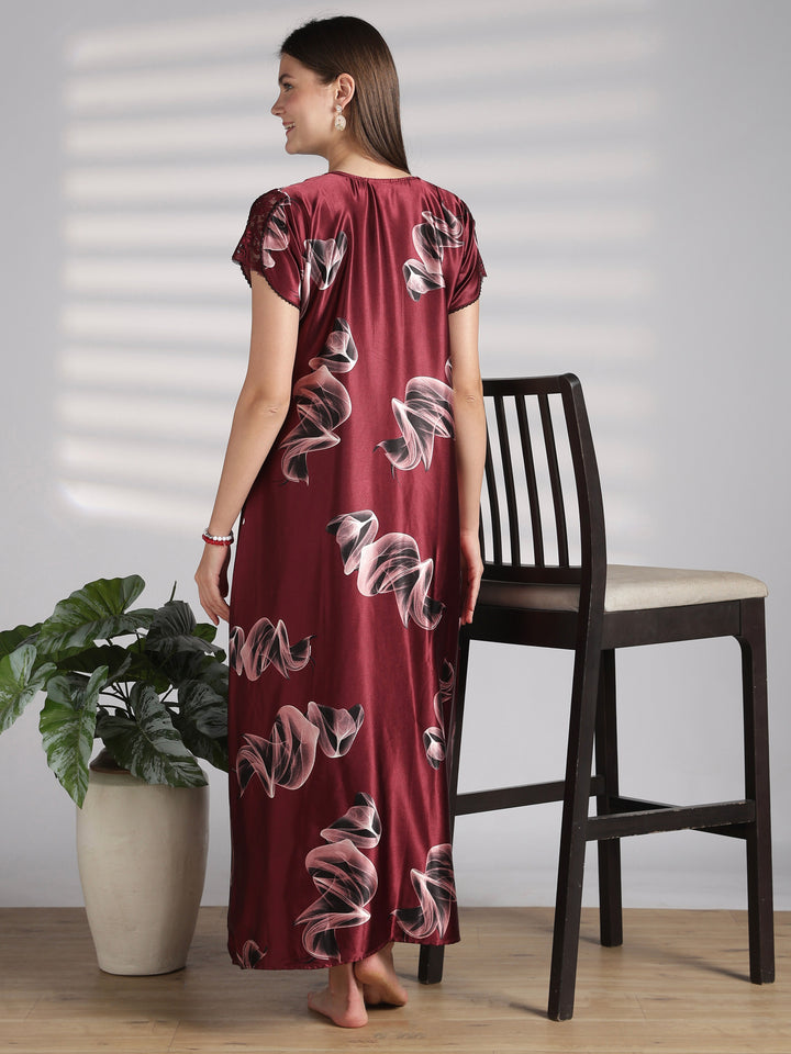 Smoky Print Satin Nighty for Women with Lace Sleeve Detail