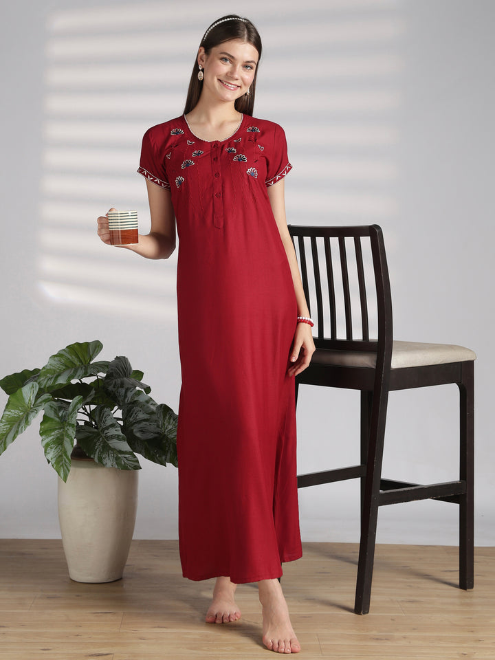 Designer Alpine Nighty with Embroidered Neck and Pocket
