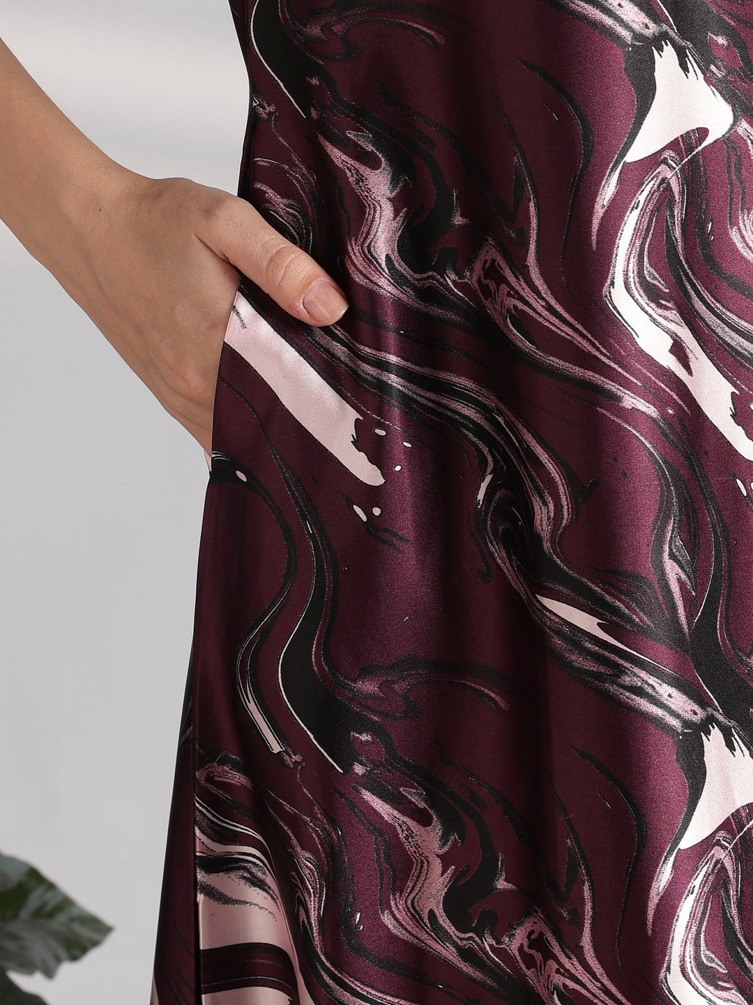 Elegant Swirl Print Satin Nighty for Women with Lace V Neck