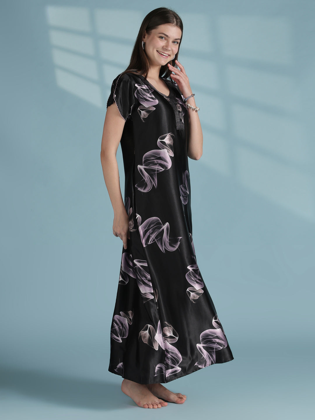 Premium Satin Nighty for Women with Smoky Print Design