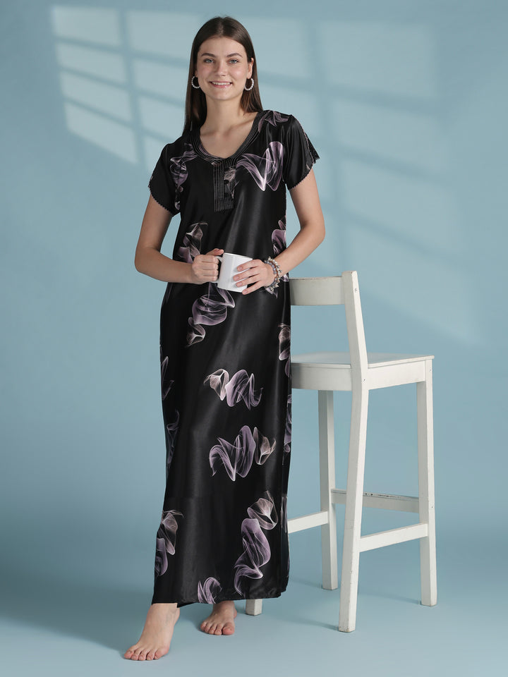 Premium Satin Nighty for Women with Smoky Print Design