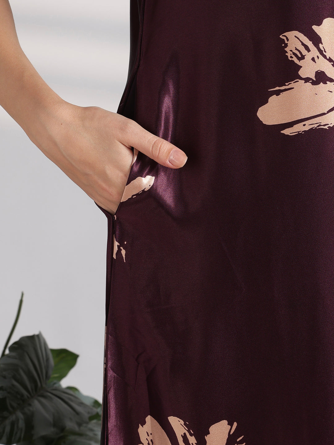 Functional Front Buttons Floral Satin Nighty with Graceful A Line Drape