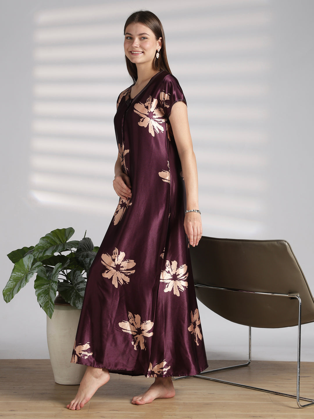 Functional Front Buttons Floral Satin Nighty with Graceful A Line Drape